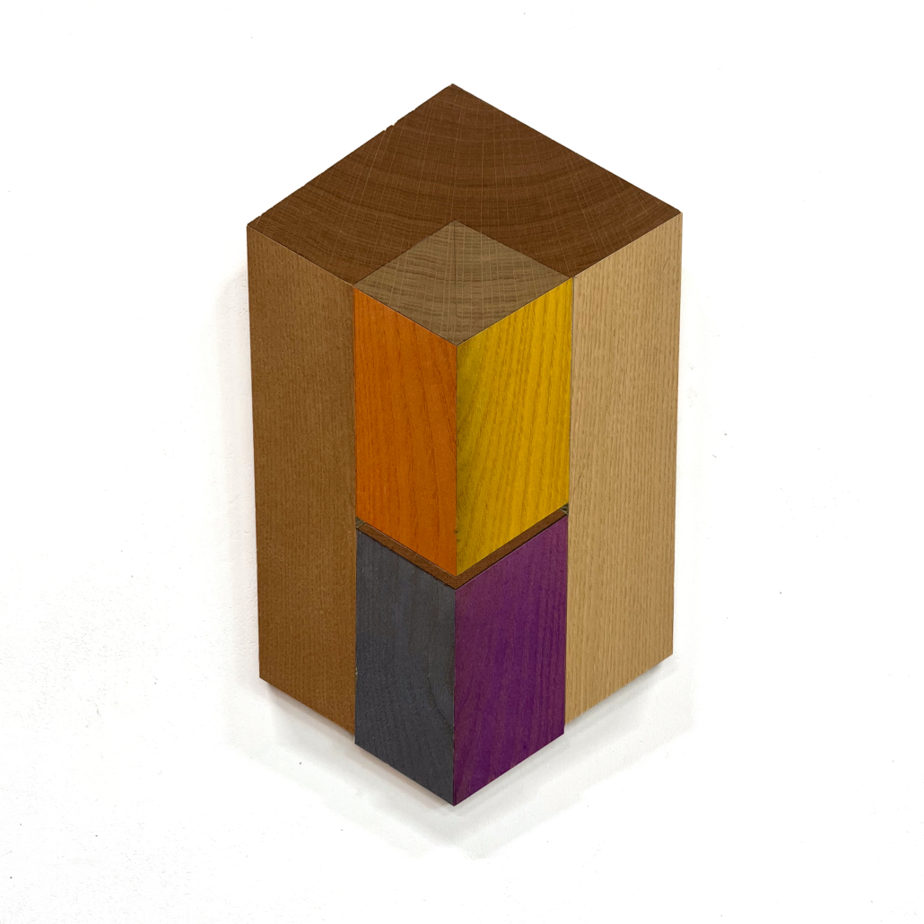 Robert Steng, „Farbige Quader, Eingeschoben“, 2026, Furnier auf Sperrholz,Lasur, 44,5 x 27 x 1,5 cm