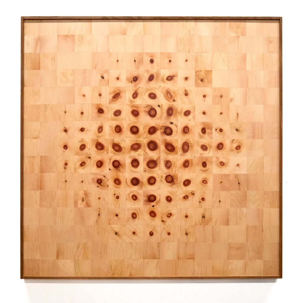 Robert Steng, „Cluster (of Knots)“, 2025, 92 x 92 cm, Zirbelkiefer